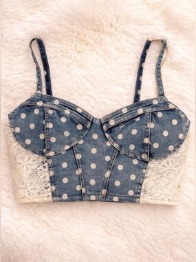NWT DENIM POKA DOT CROP TOP S